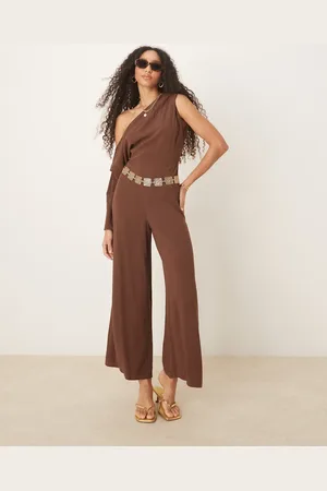 ASOS Linen fallen shoulder jumpsuit in chocolate