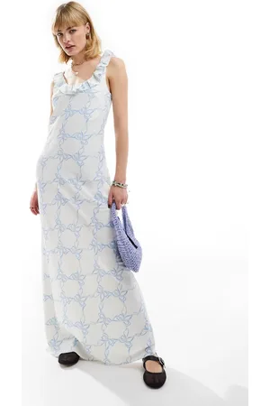Glamorous Scoop frill neck maxi dress in with blue ribbon print