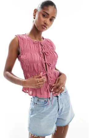 Stradivarius Ruched tie front top in raspberry