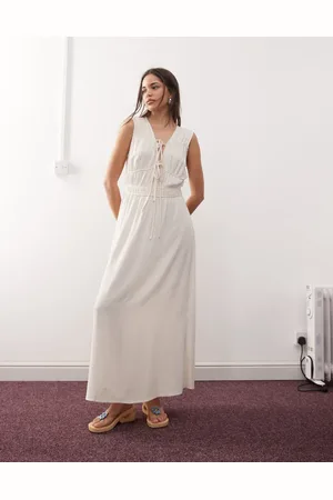 Reclaimed Maxi dress with ruching and ties in ecru linen blend