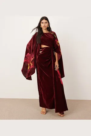 ASOS Embroidered volume flare sleeve grecian cut out velvet maxi dress in burgundy