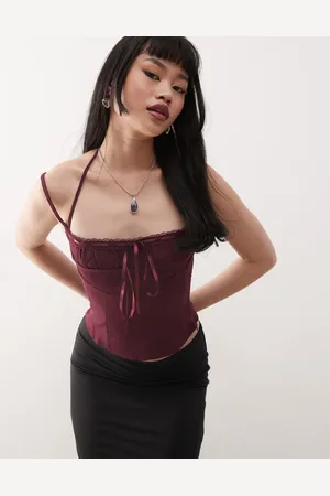 Princess Polly Ruched bust lace detail halterneck top in burgundy
