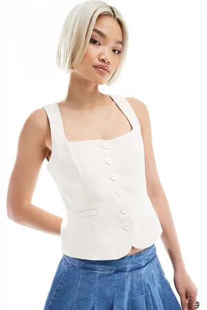 Pimkie Linen blend tailored square neck button through waistcoat in beige
