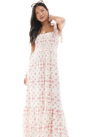 Miss Selfridge Seersucker tie shoulder tiered maxi dress in scarf print