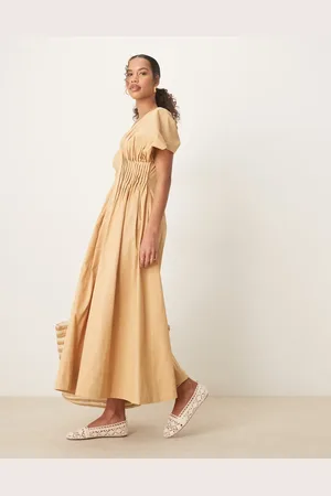 ASOS V neck short sleeve midi dress with narrow pintucks in stone