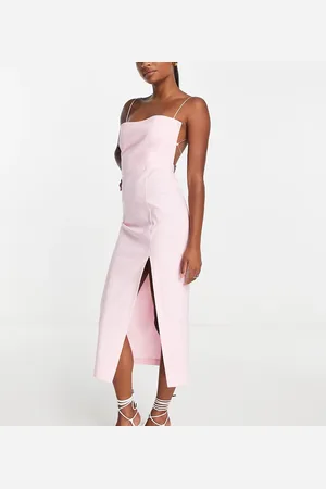 Vesper Bengaline strappy open back midi dress with thigh split in blush