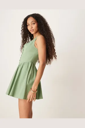 ASOS V neck button through mini dress with dropped waist in pistachio