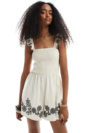 Miss Selfridge Embroidered frill sleeve playsuit in cream