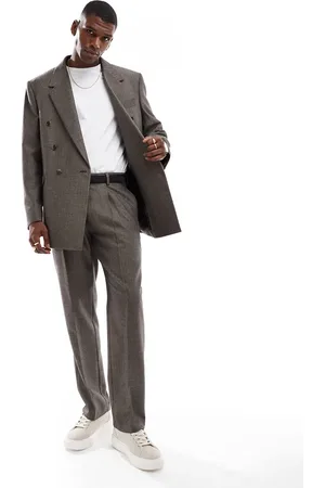 ASOS Wool look straight leg suit trousers in charcoal herringbone