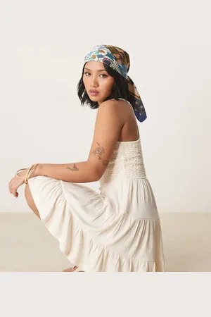 ASOS ASOS DESIGN Petite crinkle scoop tiered mini dress in cream