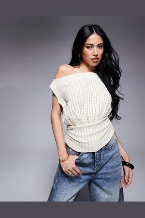 ASOS Asymmetric one shoulder short sleeve texture top with cinch waist detail in natural