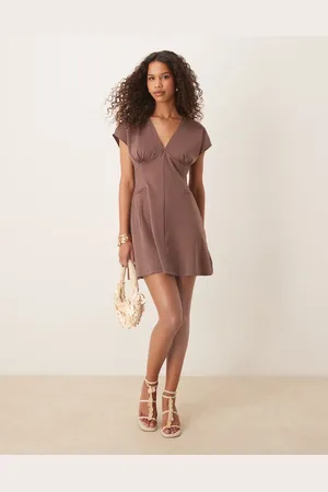 ASOS Short sleeve plunge seam detail mini dress in mocha