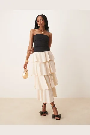 Nialaya Mathilda tiered bandeau midaxi dress in ecru and black