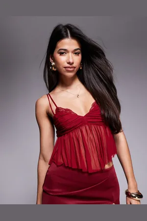 Princess Polly Mesh lace detail babydoll cami top in burgundy