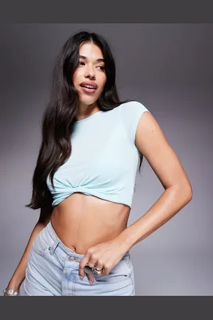 ASOS Knot front mesh short sleeve crop top in