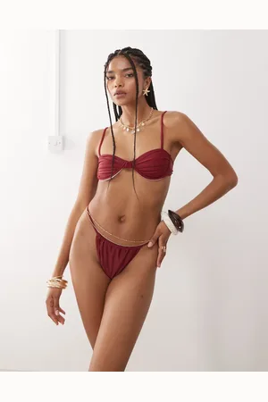 Miss Selfridge Thin strap high leg bikini bottom in burgundy