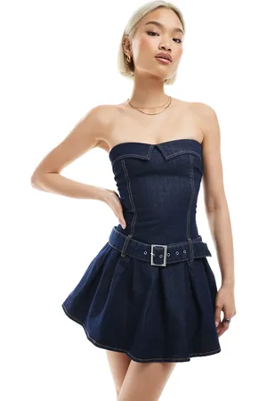Bershka Bandeau belted denim mini dress in dark wash