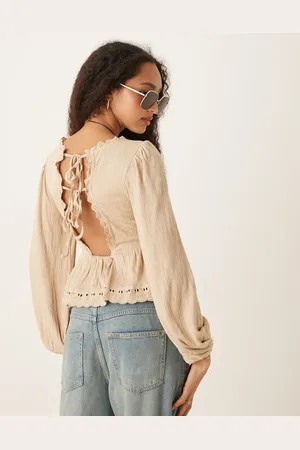 ASOS Crinkle long sleeve tie back top in stone