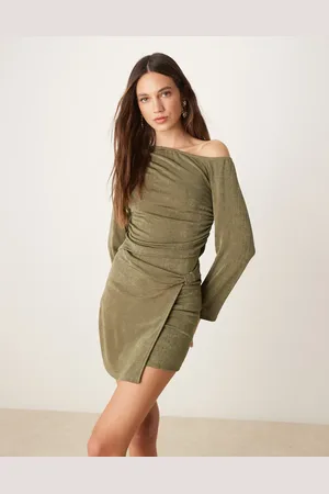 ASOS Co-ord textured long sleeve off shoulder top in olive green