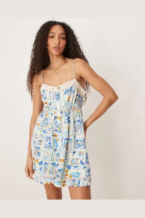 ASOS Broderie cami button through mini dress in blue postcard print