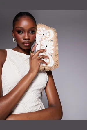 True Decadence Fringe and flower straw envelope clutch bag in brown/white