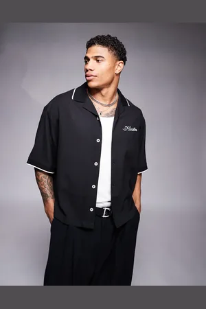 ASOS Boxy oversized revere shirt with chest chain embroidery in
