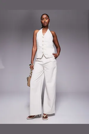 Princess Polly Tailored halterneck button through waistcoat and wide leg trousers full set in beige
