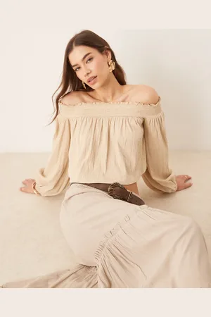 ASOS Crinkle off shoulder balloon sleeve top in stone