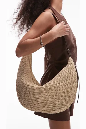 ARKET Straw curved slouchy cross body bag with black leather details contrast stitches in light