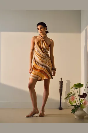 Topshop Tie neck halter mini dress satin jaqcaurd in blurred mineral print