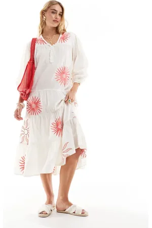 Accessorize Puff sleeve midi beach dress in summer sun print