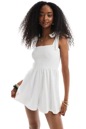 Miss Selfridge Tie shoulder seersucker playsuit in white