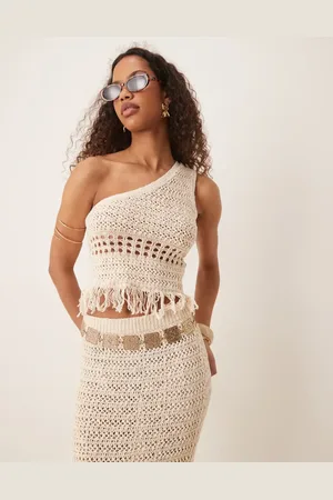 ASOS Co-ord one shoulder crochet stitch top in stone