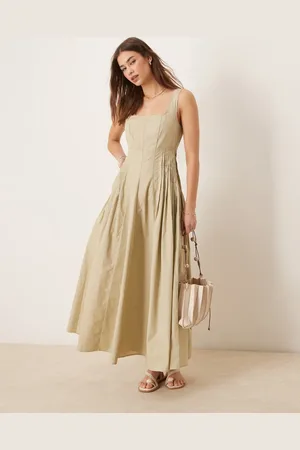 ASOS Scoop neck pleat waist midi dress in putty