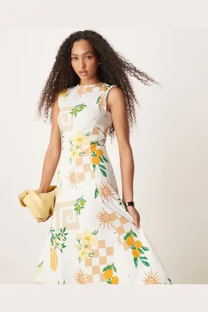 ASOS Cotton sleeveless midi sundress in postcard print
