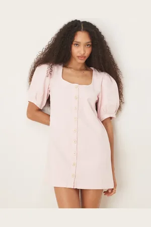 ASOS Denim button through mini dress with puff sleeves in soft