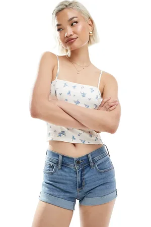 Hollister Low rise contrast foldover mini denim shorts in vintage medium wash
