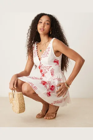 ASOS V neck button through mini dress with dropped waist in red floral print