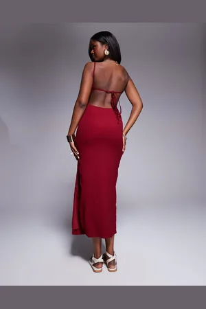 Princess Polly Textured scoop neck open tie back bodycon midaxi dress in burgundy