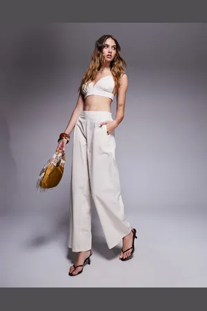 Missyempire Linen look elasticated waist wide leg trousers co-ord in cream