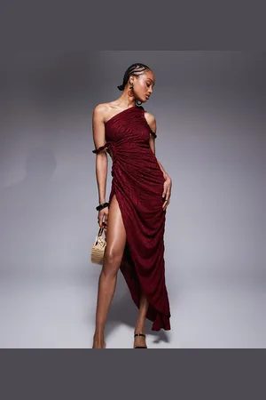 ASOS ASOS DESIGN Tall ruched asymmetric textured midi dress with twisted strapping details in dark cherry