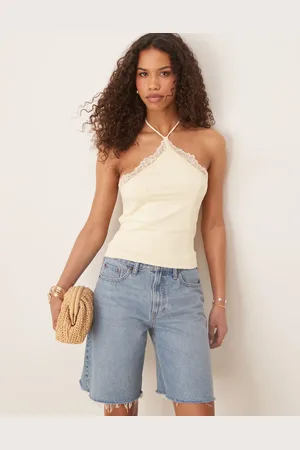 ASOS Slinky lace trim halter top in pale