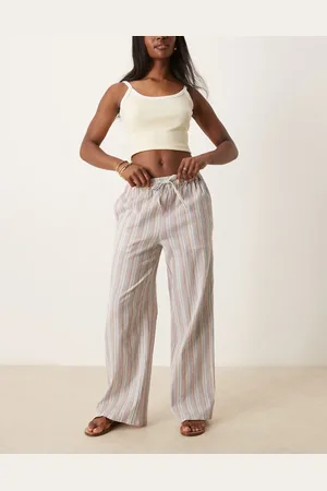 ASOS Textured linen look wide leg pull on trousers in stripe
