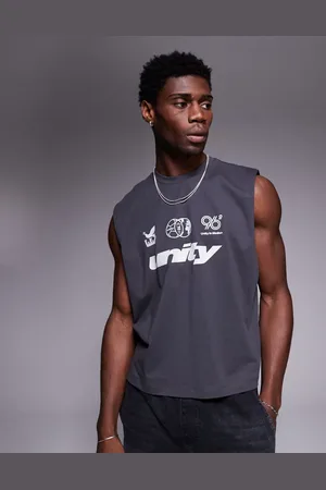 ASOS Boxy oversized tank with sports text graphic in charcoal