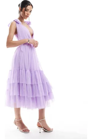 Lace & Beads Bridesmaid Madison bow shoulder midi dress in lilac