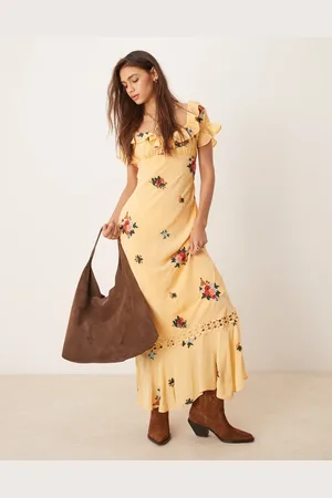 Free People Floral embroidered puff sleeve maxi dress in