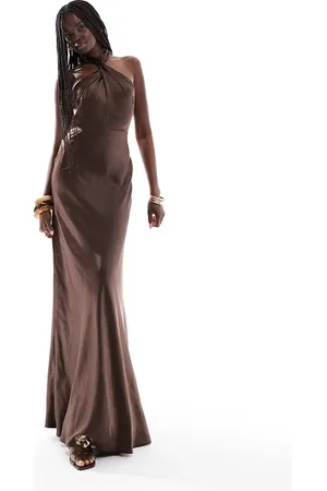 Six Stories Bridesmaid halter neck satin maxi dress in chocolate