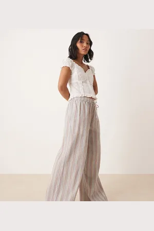 ASOS Petite textured linen look wide leg pull on trousers in stripe