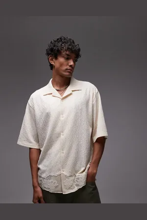 Topman Oversized fit button through jersey shirt with lace trim in light stone