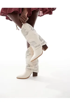 SEQWL RANCH ruched detail western boot in beige suedette